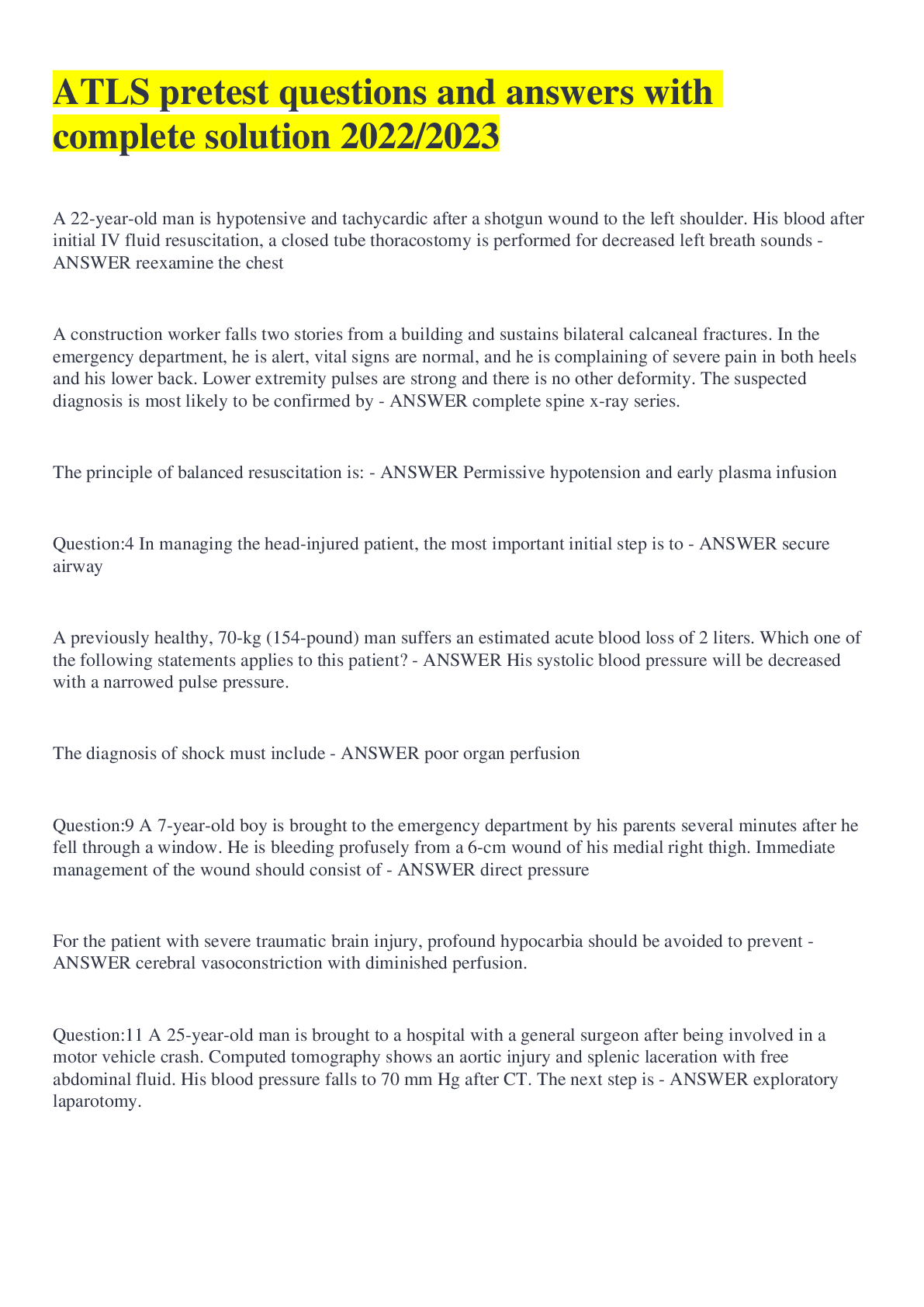 Preview of ATLS pretest questions and answers with complete solution 2022/2023